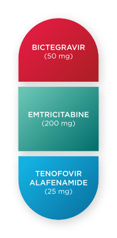 Icon of BIKTARVY® (bictegravir, emtricitabine, tenofovir alafenamide) components.